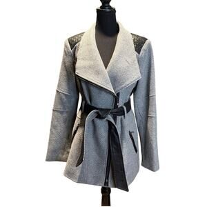 Guess Women's Wool Vegan Leather Coat Gray Black, Zip Front, Tie, Size XL